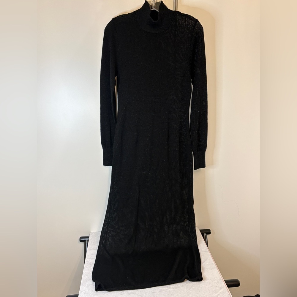525 America Classic Black Long Sleeve Semi Sheer Knit Dress w Silver Shimmer